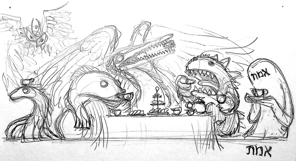 A sketch of several monsters around a table set for tea 